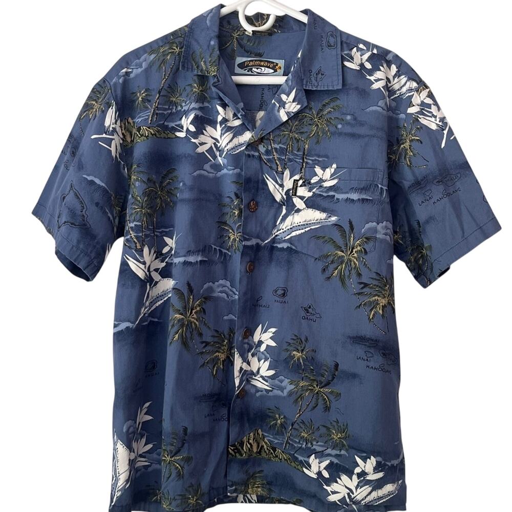 Vintage Hawaiian Shirt Men’s Medium Blue Short Sleeve Island and Palm Tree Print